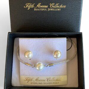 FAC Crystal Mesh Bracelet & Faux Pearl Earrings